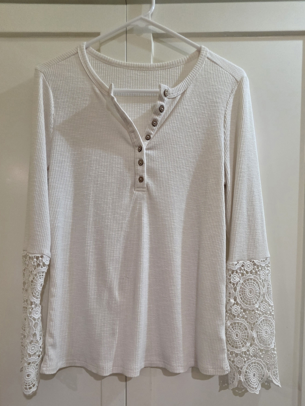 Women's Cream Waffle Knit Lace-Sleeve Henley Top